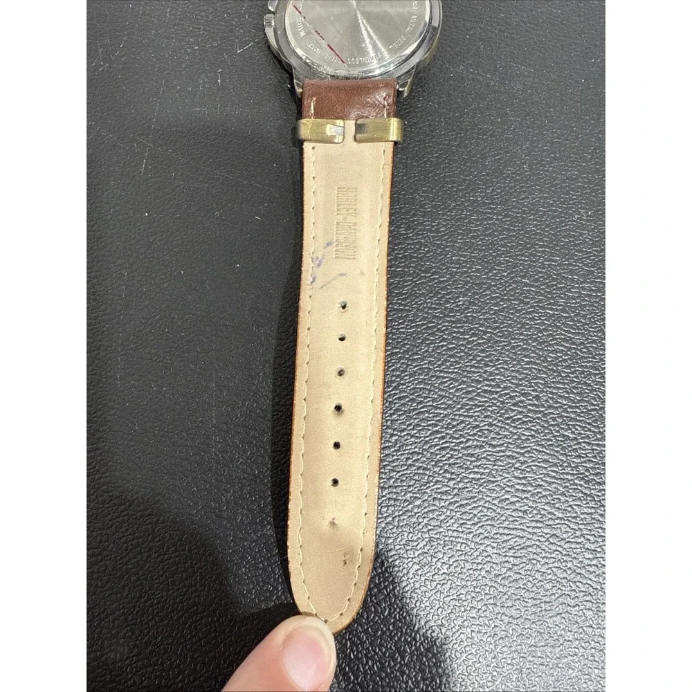 Bulova Harley-Davidson Quartz Wristwatch Gold Tone Brown Leather Band‎